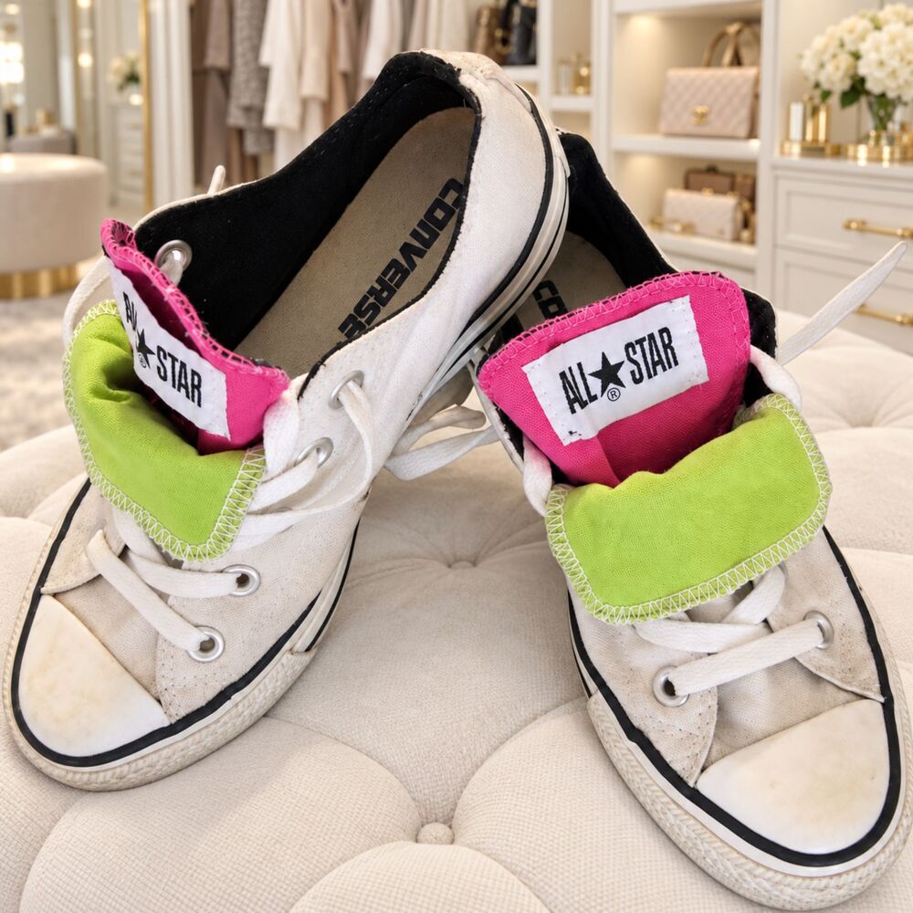 Converse All Star Double Tongue White Pink Lime Green Low Top Chuck Sneakers | 5